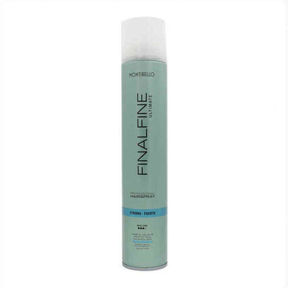 Bomboletta spray per capelli. Tappo bianco, cilindro verde. Scritta: FINALFINE ULTIMATE, MONTIBELLO. Tenuta forte.