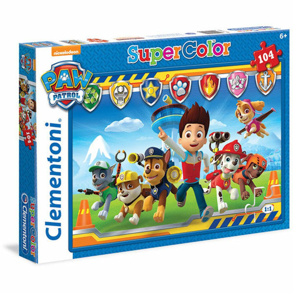 Scatola puzzle Paw Patrol. Contiene 104 pezzi. I personaggi di Paw Patrol sono raffigurati sulla scatola. Marchio: Clementoni.