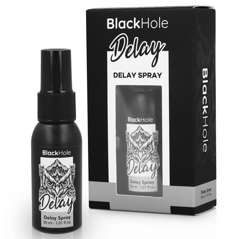 Flacone e confezione Black Hole Delay Spray. Flacone e scatola neri con motivo gufo.