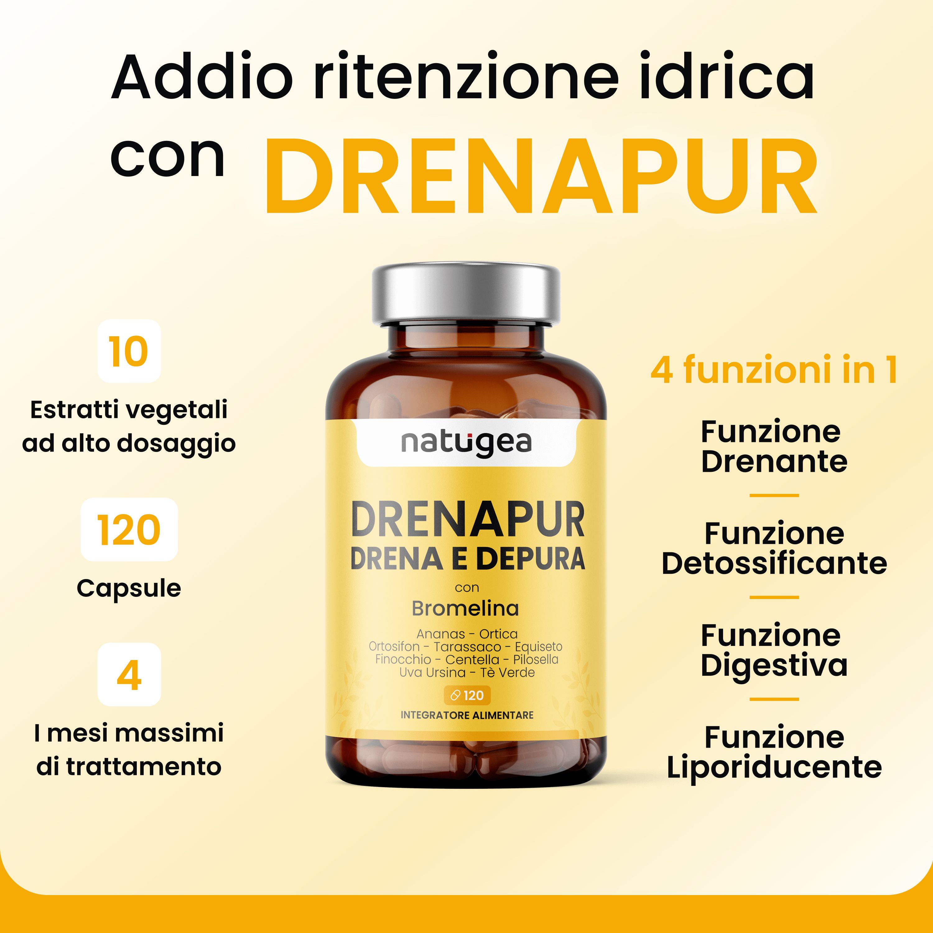 Flacone di capsule. Testo: DRENAPUR con Bromelina. 4 funzioni in 1. 120 capsule. 4 mesi di trattamento.