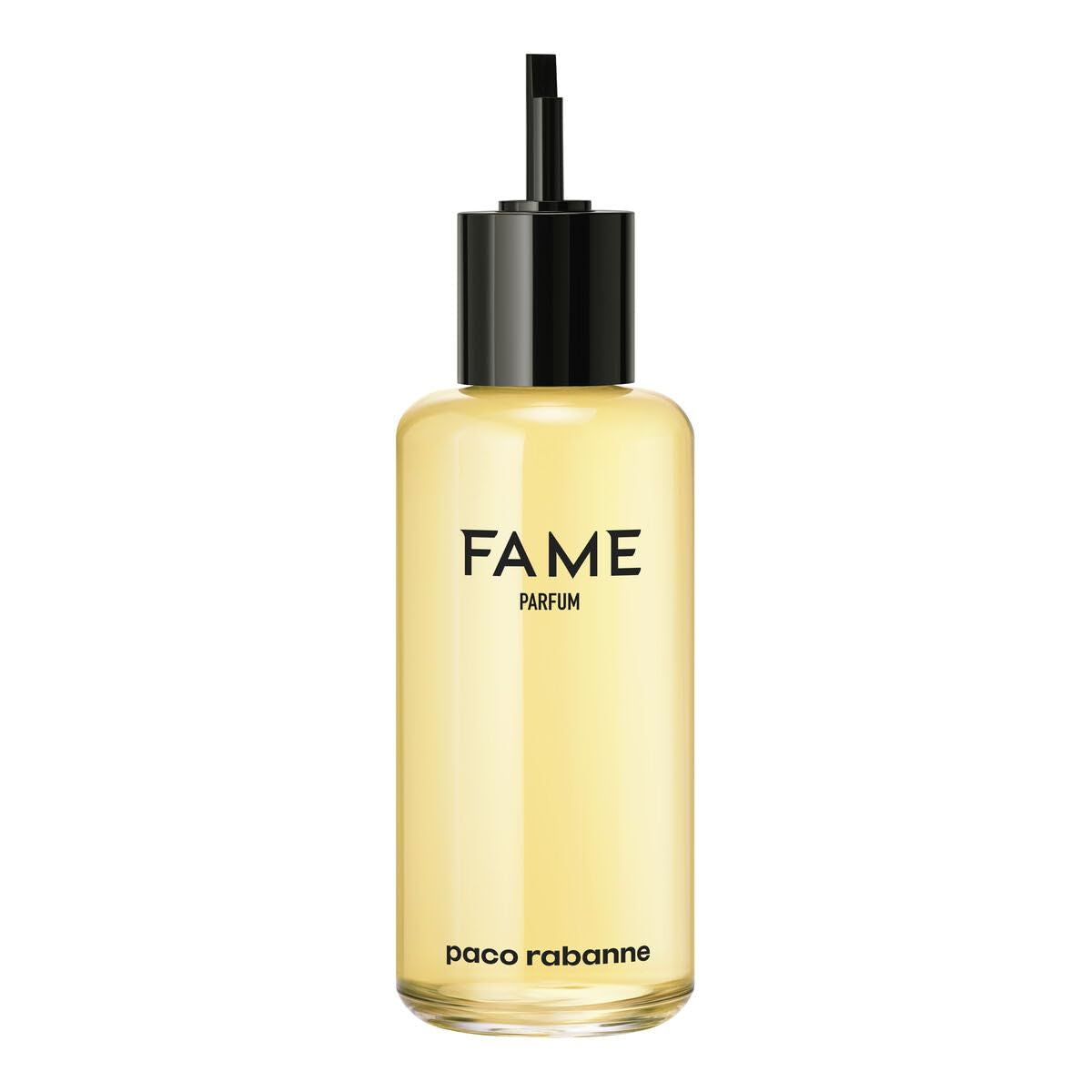 Flacone di profumo con tappo nero. Scritta: FAME PARFUM. Marchio: Paco Rabanne.