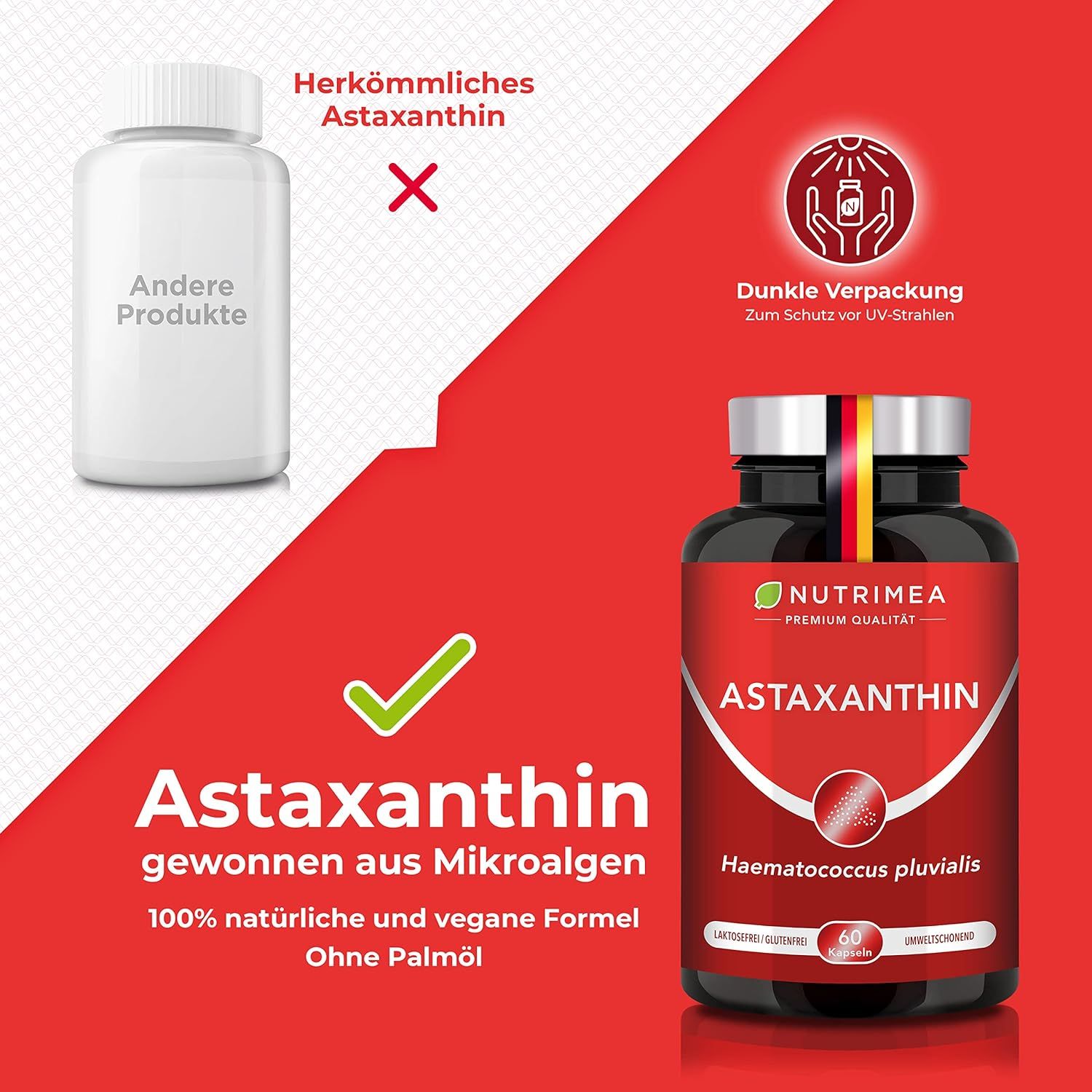 Confronto delle capsule di astaxantina con un altro prodotto. Capsule di astaxantina in flacone nero con etichetta rossa.