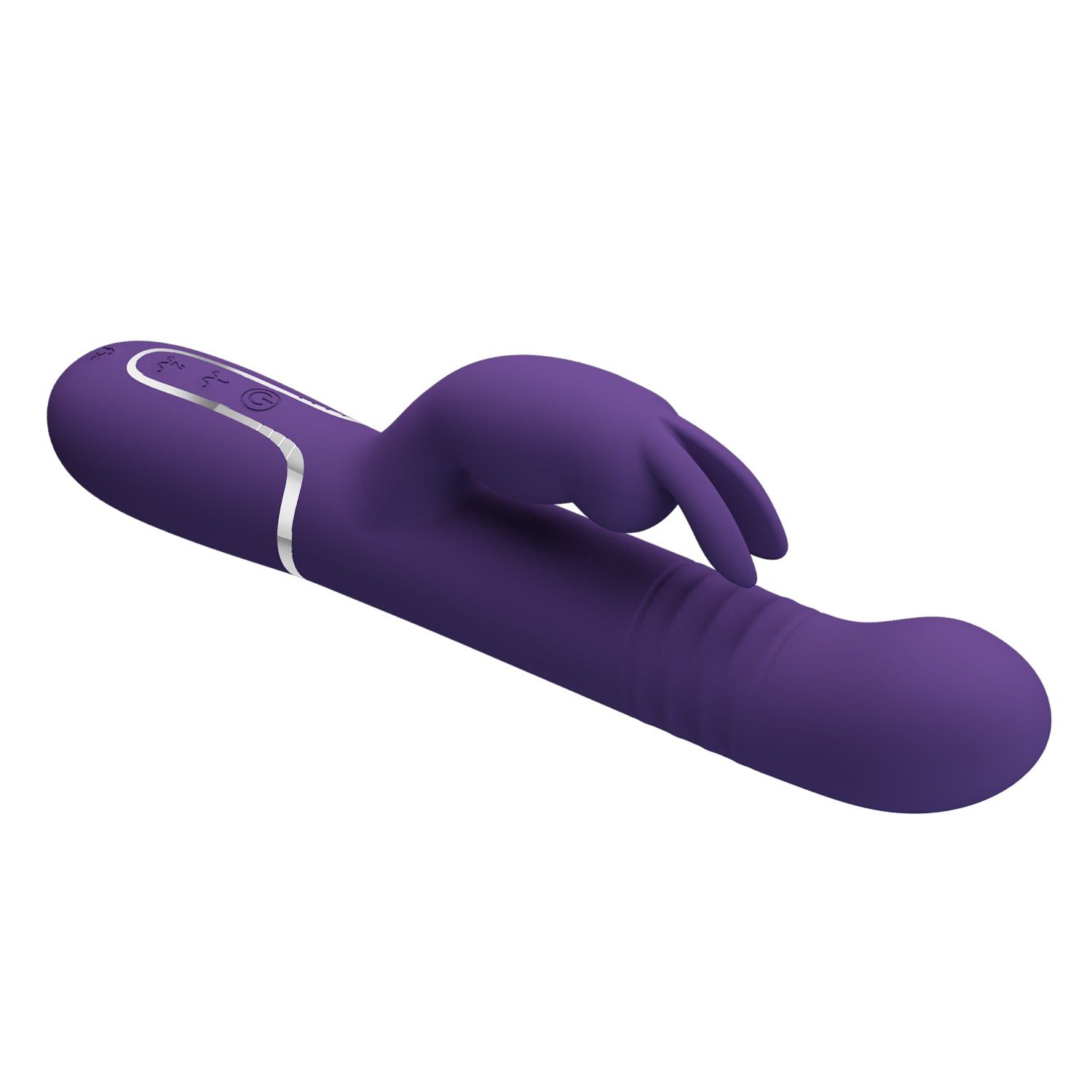 Vibratore viola con design a orecchie di coniglio. Stelo cilindrico, estremità arrotondata, pulsanti.