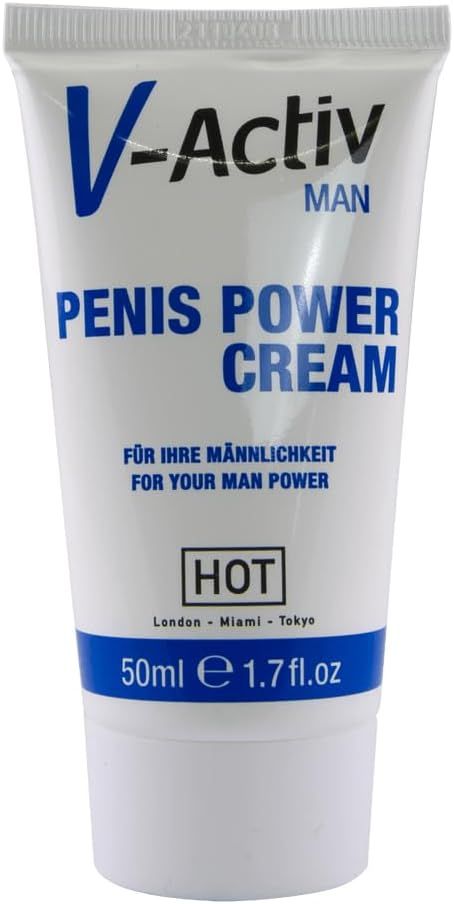 Tubo V-Activ Penis Power Cream con simbolo maschile e testo.