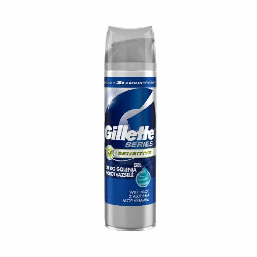 Gel da barba Gillette Series per pelli sensibili. Barattolo con tappo trasparente ed etichetta blu. Visibile: "Sensitive".