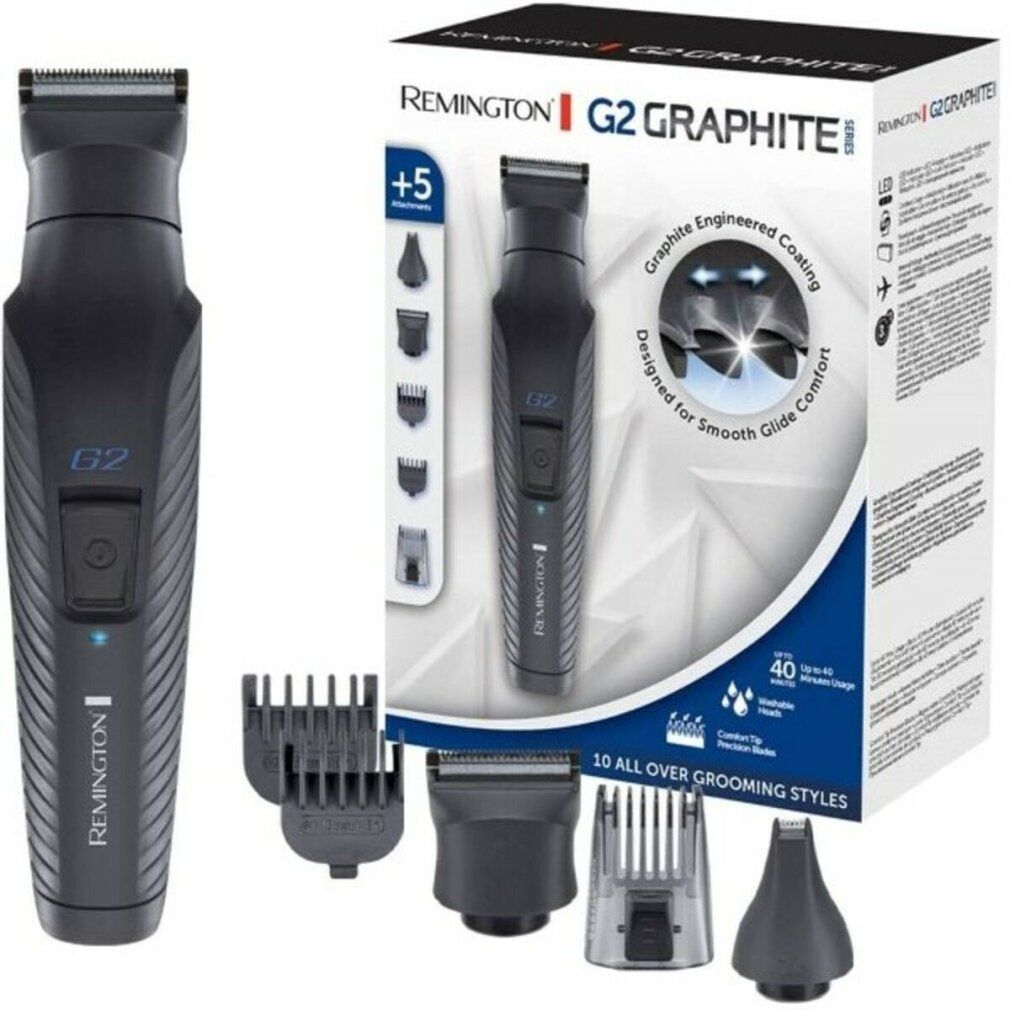 Trimmer Remington G2 Graphite con accessori e confezione. Include attacchi e scatola con informazioni sul prodotto.