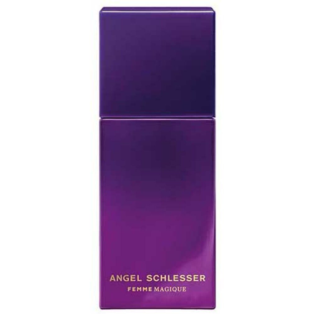 Flacone viola con tappo rettangolare. Scritta: Angel Schlesser Femme Magique.