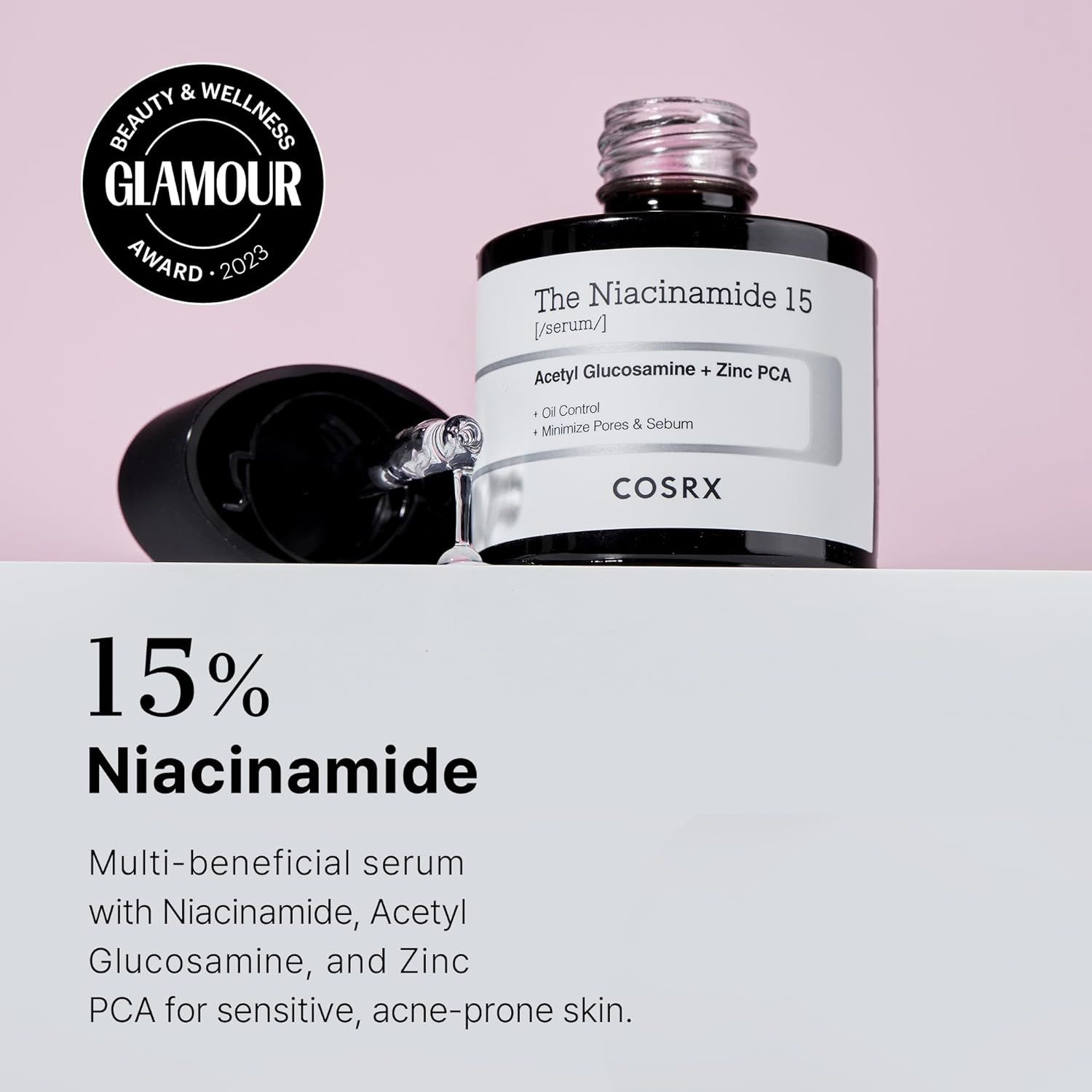 Flacone di siero COSRX Niacinamide 15 con pipetta. Premio 'Glamour Award 2023'.