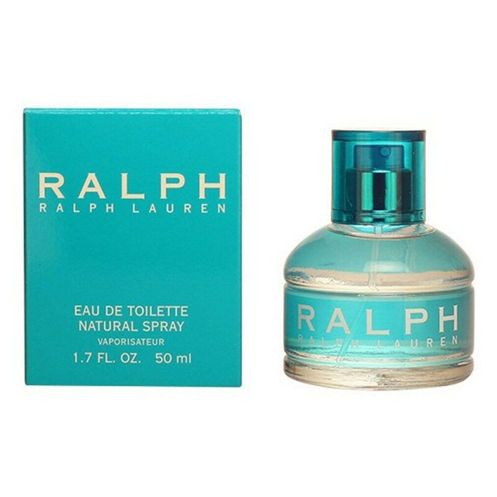 Scatola e flacone turchese. Scritta RALPH LAUREN, Eau de Toilette, Natural Spray. Flacone con tappo blu.
