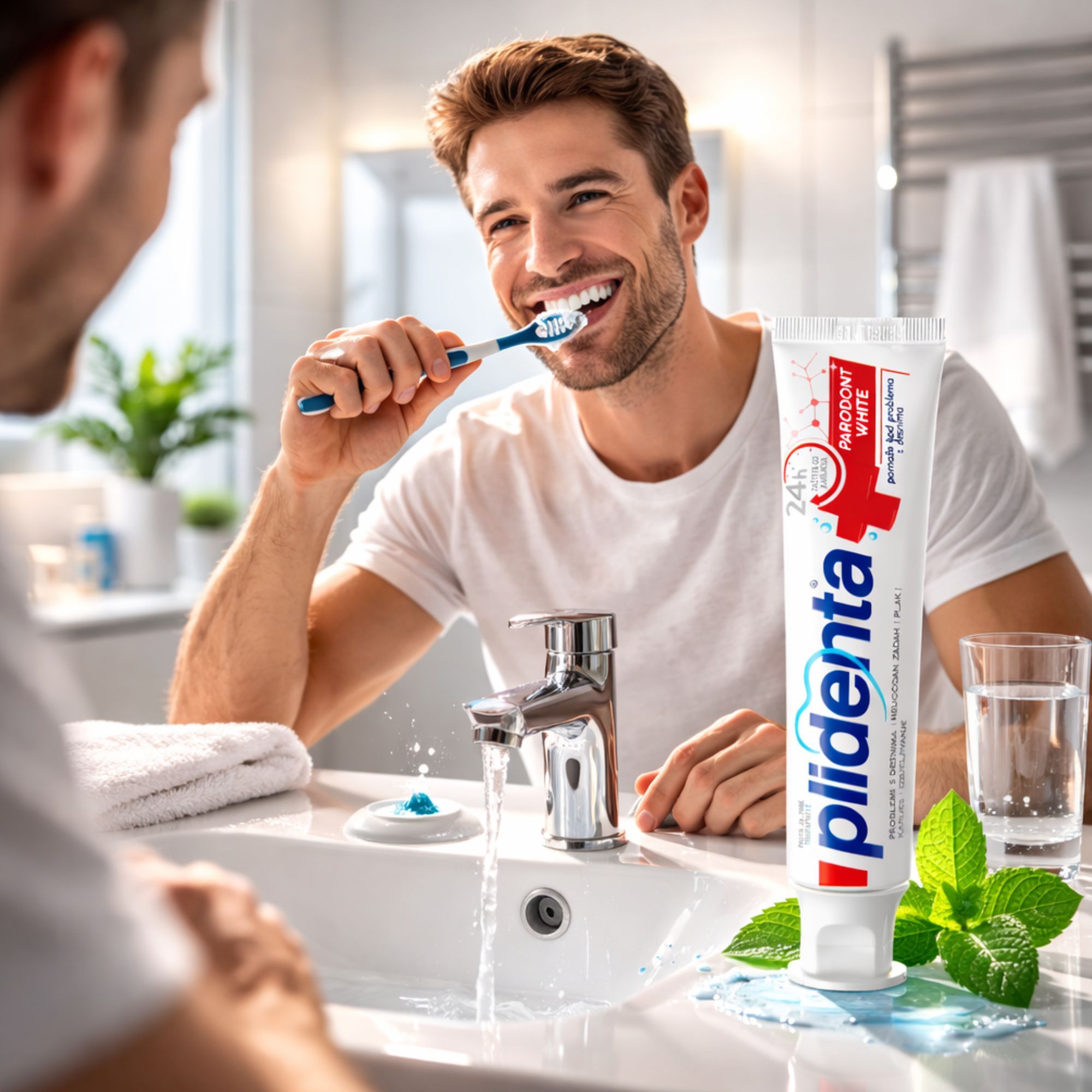Uomo che si lava i denti davanti allo specchio. Tubo di dentifricio con croce rossa e testo: Plidenta Parodont White. Bicchiere d'acqua, menta.