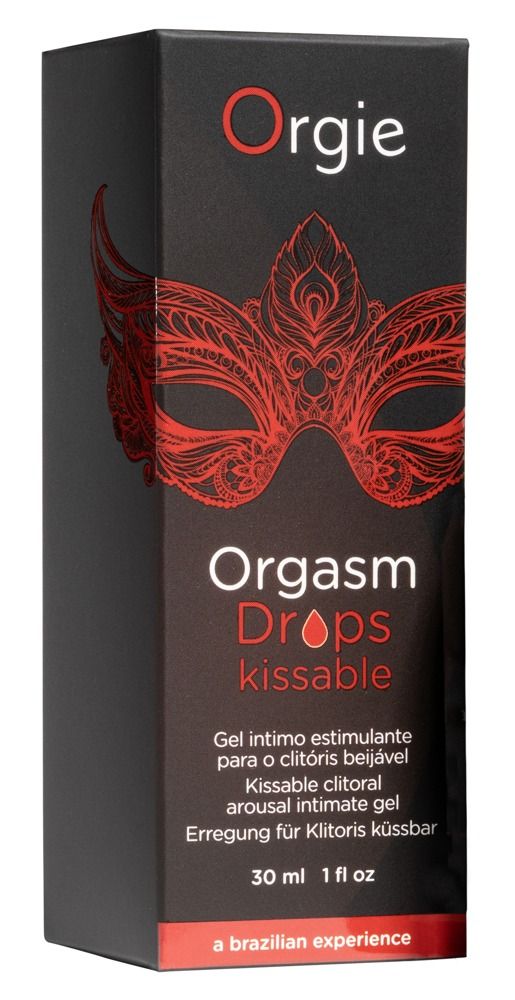 Confezione Orgie Orgasm Drops Kissable con motivo a maschera.