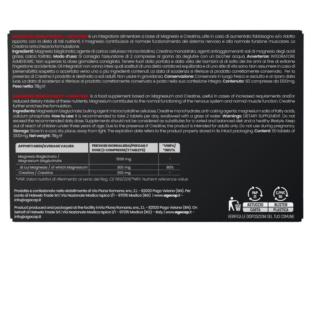 Magnesio Bisglicinato + Creatina monoidrato Agocap - Supporto quotidiano sistema nervoso e muscolare