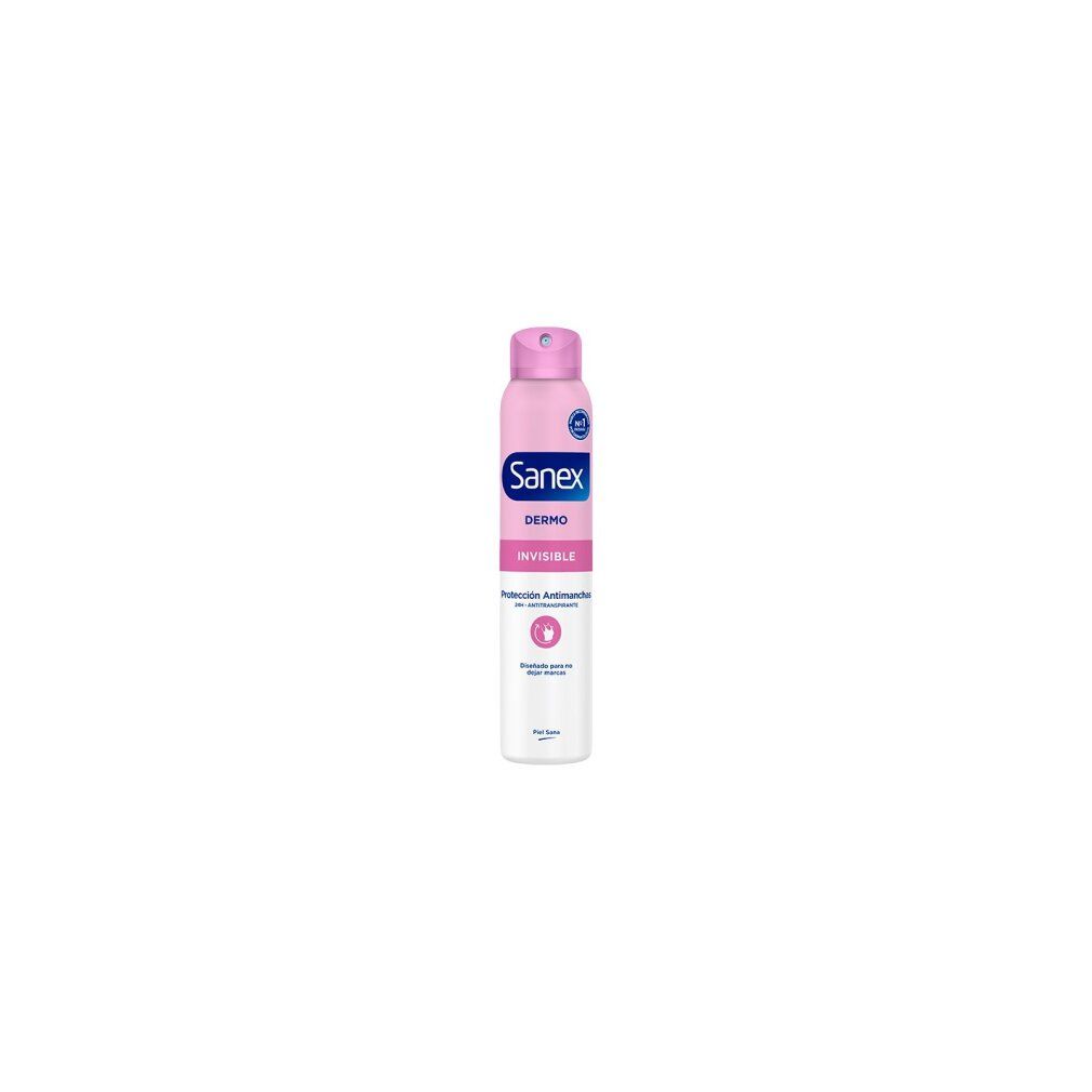 Spray Sanex Dermo Invisible. Flacone rosa e bianco con erogatore rosa. Scritte: Invisible, Dermo, Sanex.