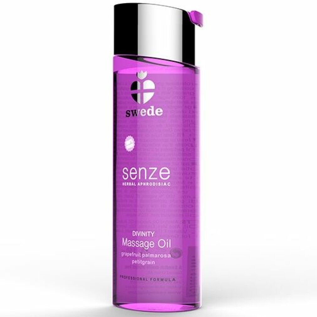 Flacone viola con tappo argentato. Scritte: Swede, Senze, Massage Oil. Ingredienti: Pompelmo, Palmarosa, Petitgrain.