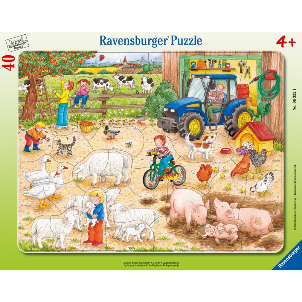 Puzzle "Auf dem großen Bauernhof". 40 pezzi. Scena della fattoria con animali, trattore e persone. Marca: Ravensburger.