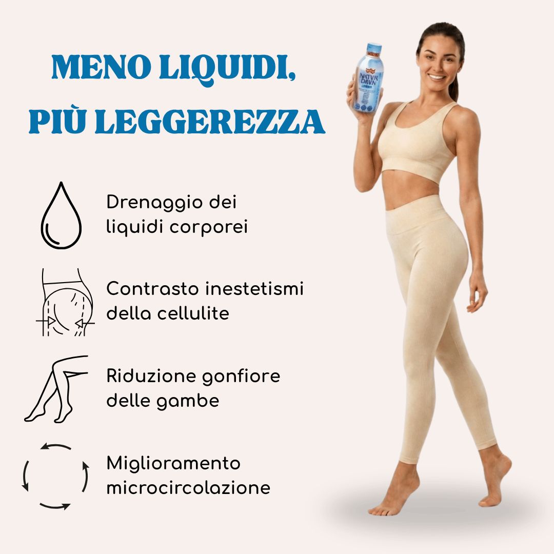 Donna tiene una bottiglia di Winter Natur Dren Forte gusto ananas. Grafiche mostrano benefici come il drenaggio dei liquidi.