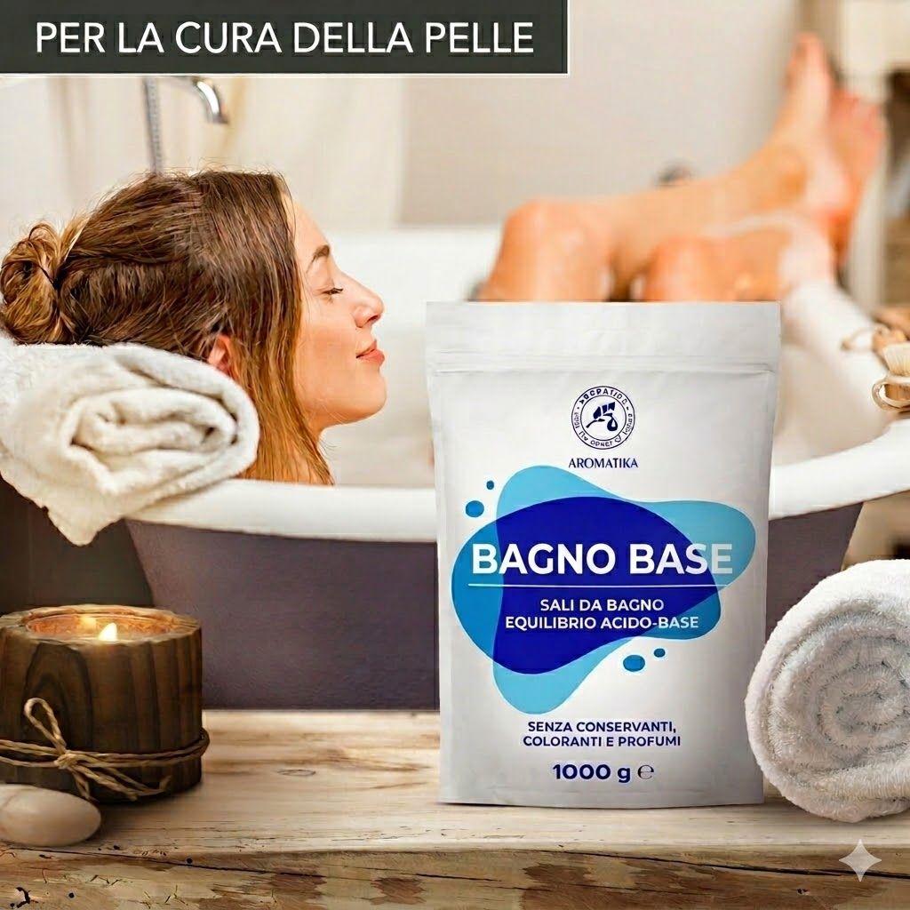 Busta bianca con logo blu e scritta BAGNO BASE. Scritta: Sale da bagno, equilibrio acido-base. 1000 g. Donna nel bagno.