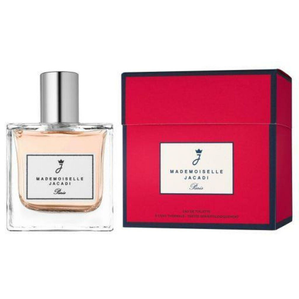 Jacadi Mademoiselle Eau de Toilette Spray. Flacone rettangolare in vetro, tappo argentato. Scatola rossa, etichetta bianca.