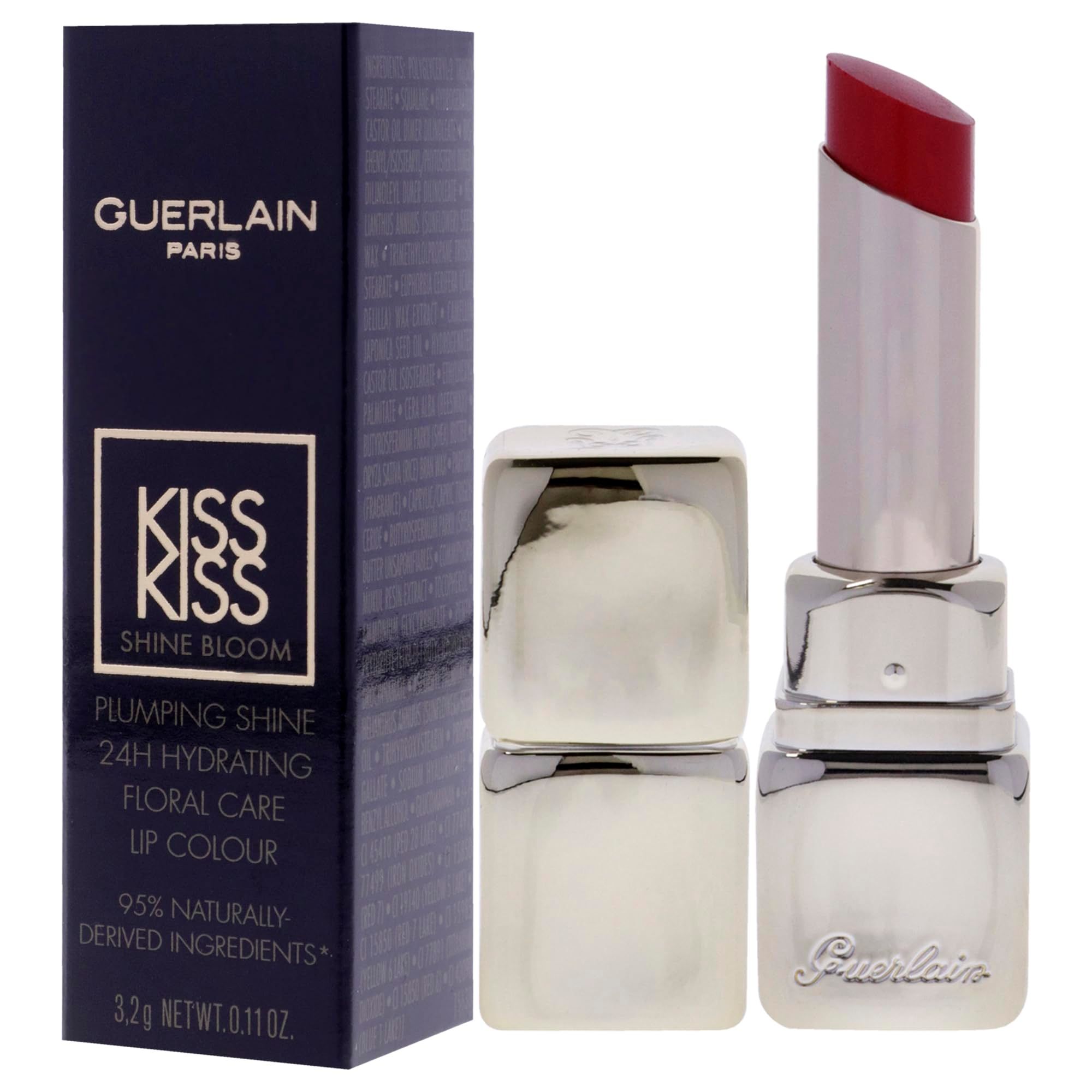 Rossetto e confezione. Rossetto argento con punta rossa. Confezione nera con testo bianco: Guerlain, KissKiss Shine Bloom.