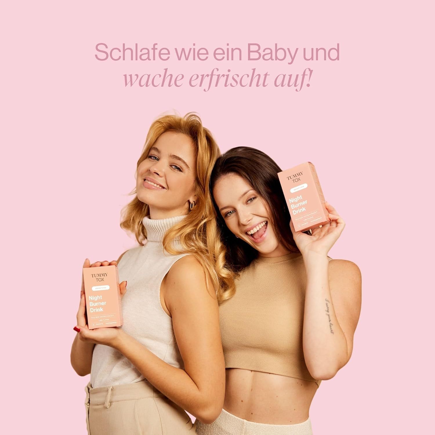 Due donne che tengono ciascuna una scatola Night Burner Drink. Testo: Dormi come un bambino e svegliati riposato!