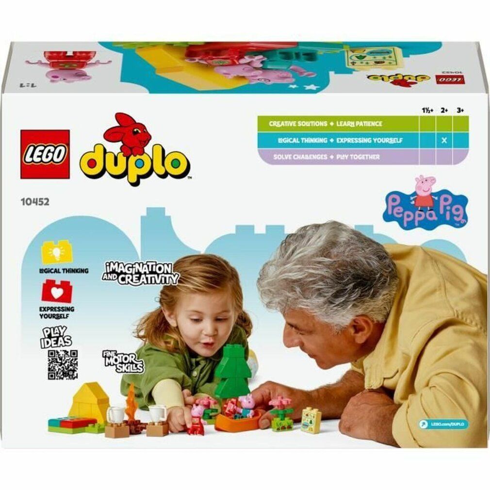 LEGO DUPLO 10452 Peppa Pig in campeggio. Bambino e adulto giocano con il set. Confezione con logo, nome e raccomandazione di età.