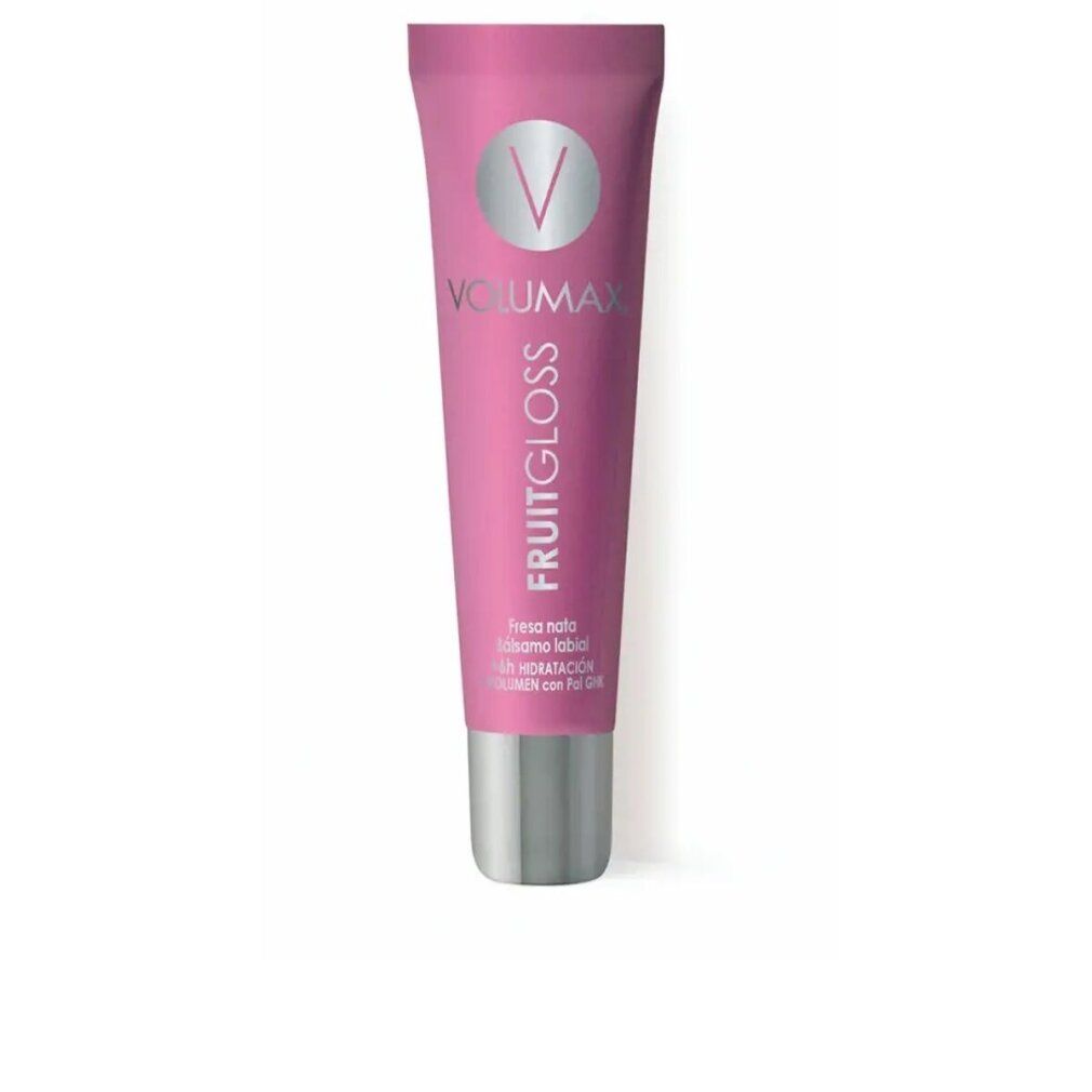 Tubo rosa con tappo argentato. VOLUMAX FRUITGLOSS, sotto FRESA NATA. Logo V in alto.