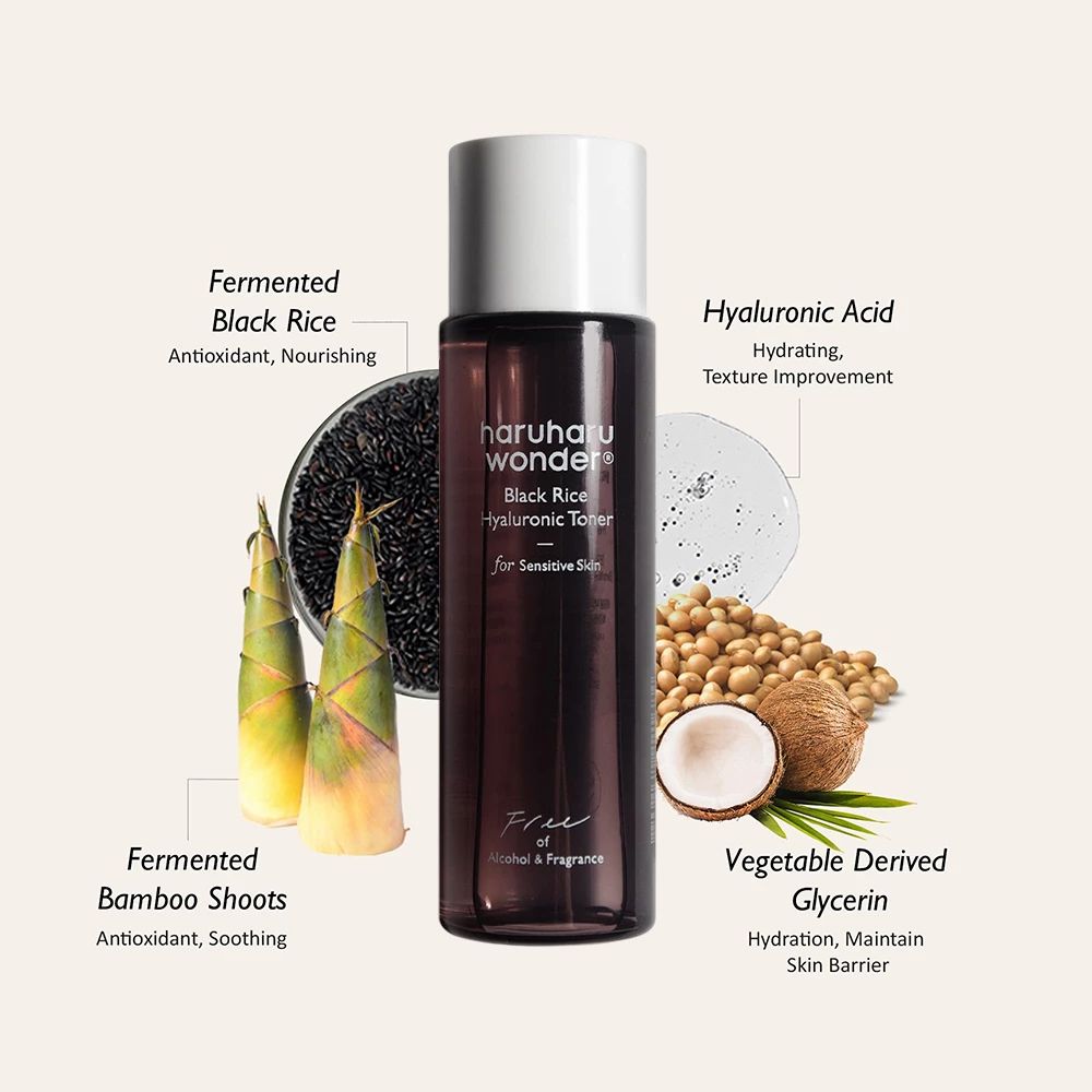 Flacone di prodotto con ingredienti: riso nero, germogli di bambù, acido ialuronico, glicerina.