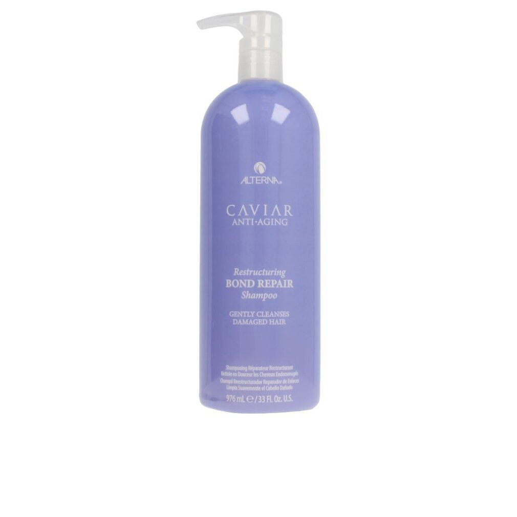 Flacone viola con dispenser a pompa: Alterna Caviar Anti-Aging Restructuring Bond Repair Shampoo.