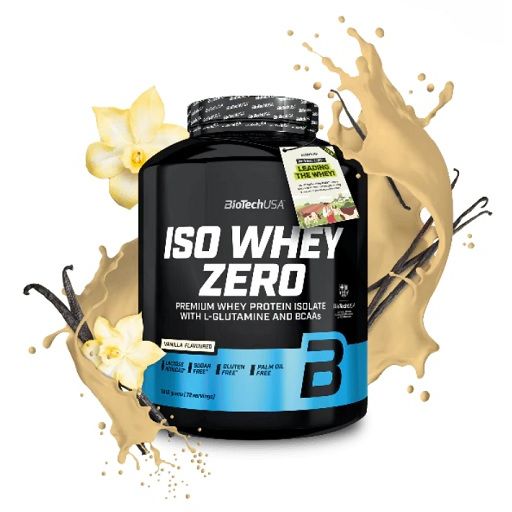 Proteine in polvere BioTech Iso Whey Zero gusto vaniglia in barattolo nero con fiori e baccelli di vaniglia.