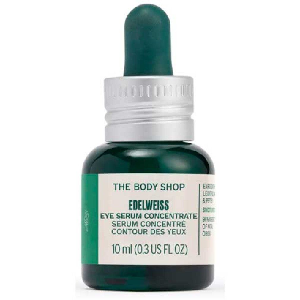 Flacone di vetro verde con contagocce. Etichetta con nome prodotto, "Eye Serum Concentrate" e volume: 10 ml.