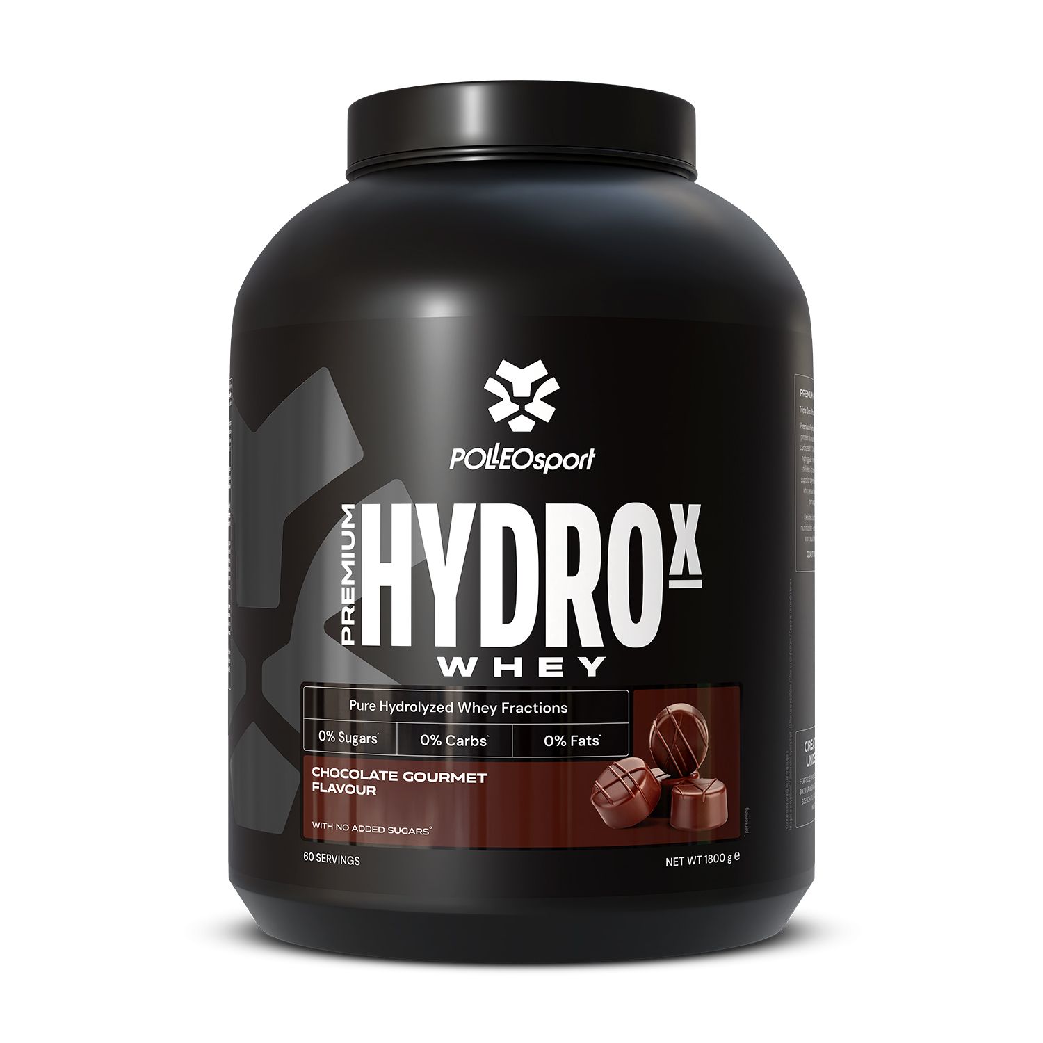 Contenitore nero con "HYDROX Whey". Illustrazione di cioccolatini. Testo: "0% zuccheri, 0% carboidrati, 0% grassi".