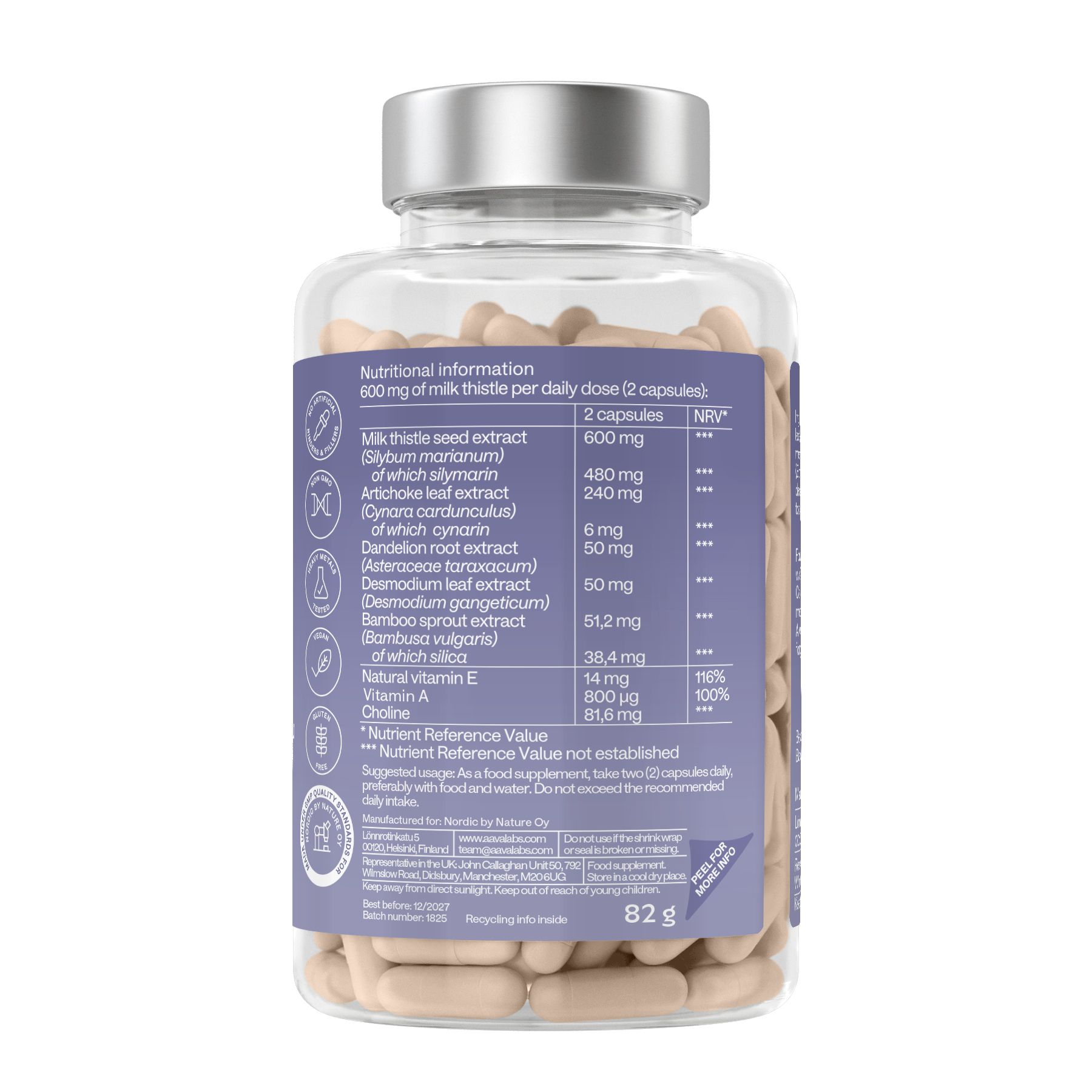 Informazioni nutrizionali sul flacone di capsule. Ingredienti, valori nutrizionali per 2 capsule, valori di riferimento nutrizionali.