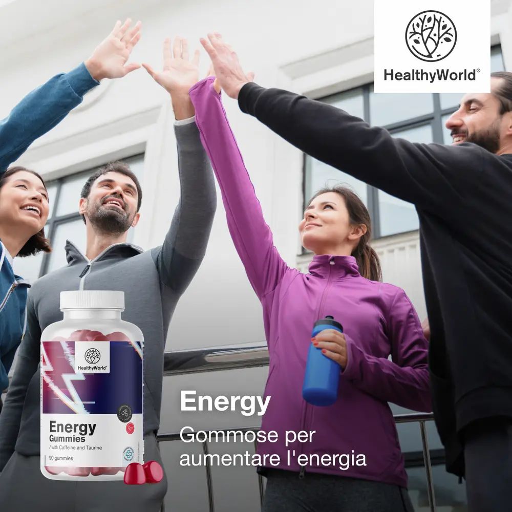 Flacone da 90 caramelle gommose energetiche, rosse, con caffeina e taurina.