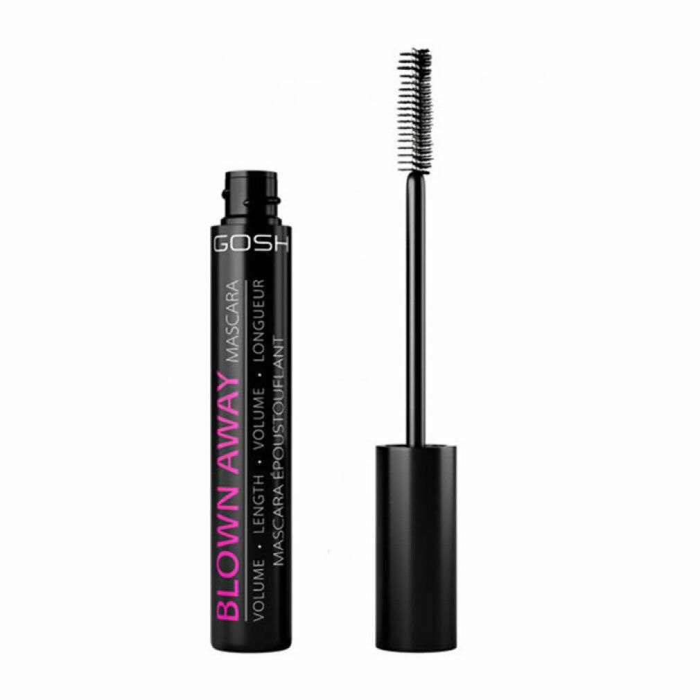 Tubo di mascara nero e spazzola. Scritta: GOSH BLOWN AWAY MASCARA. Volume, lunghezza. Spazzola nera con setole.