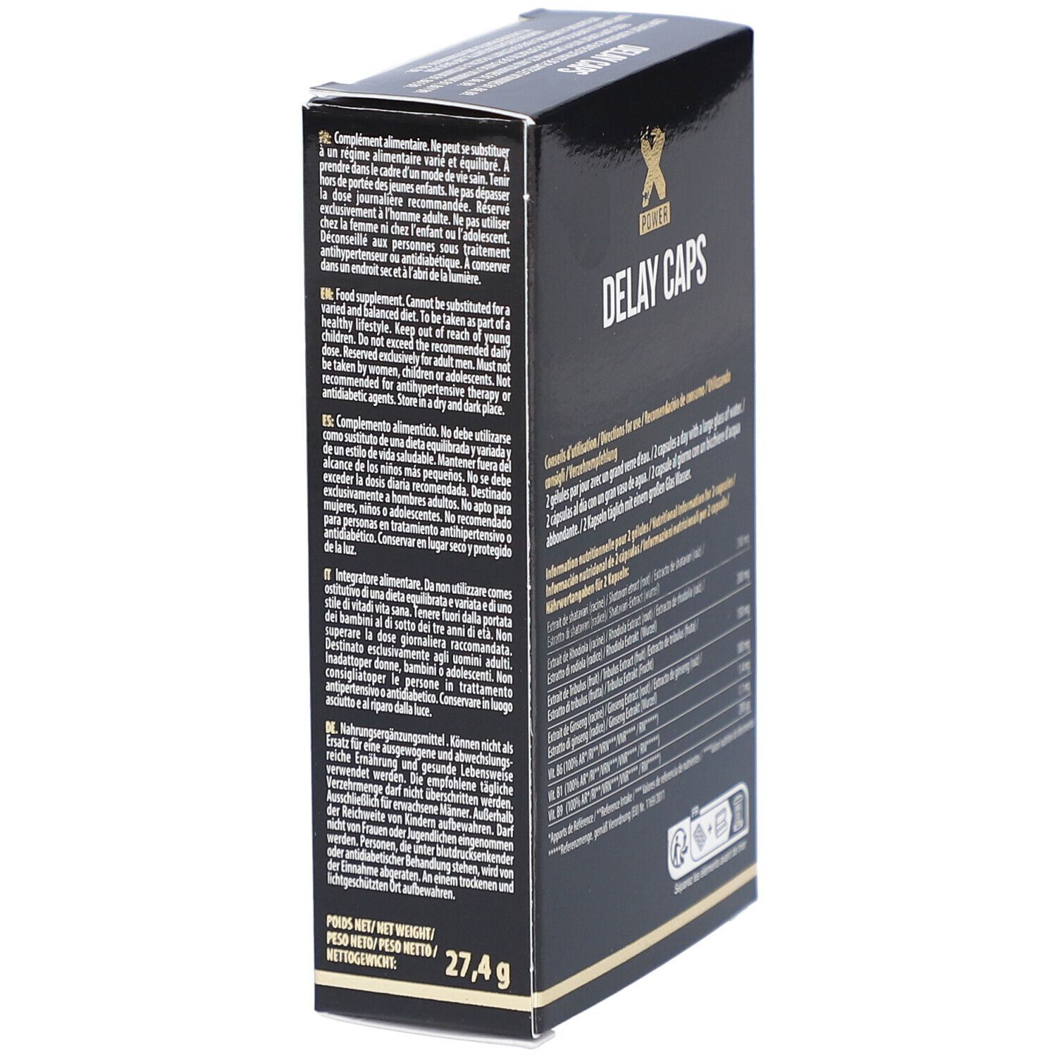 Scatola nera con "X POWER DELAY CAPS". Dettagli ingredienti e informazioni nutrizionali. Testo multilingue.