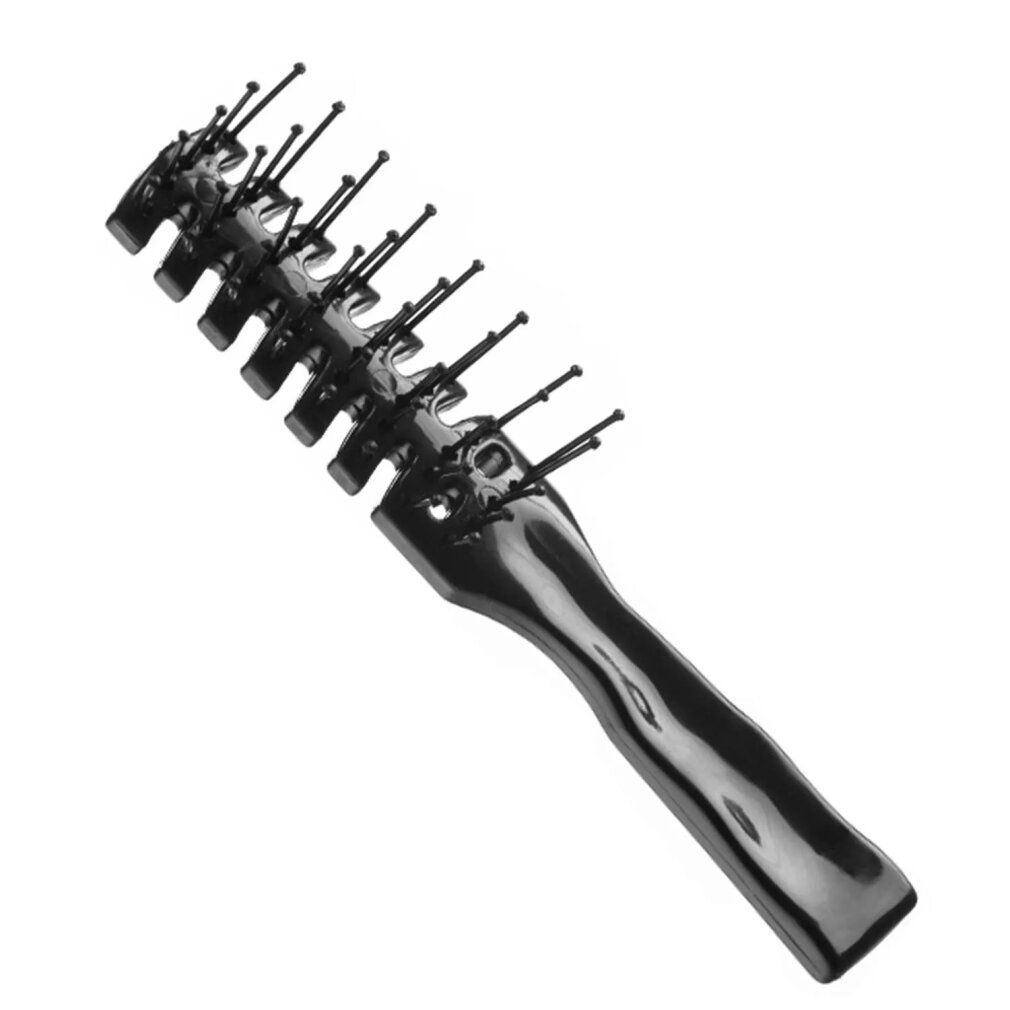 Spazzola per capelli nera con piccole sfere alle estremità delle setole. Manico forato. Vista prospettica.