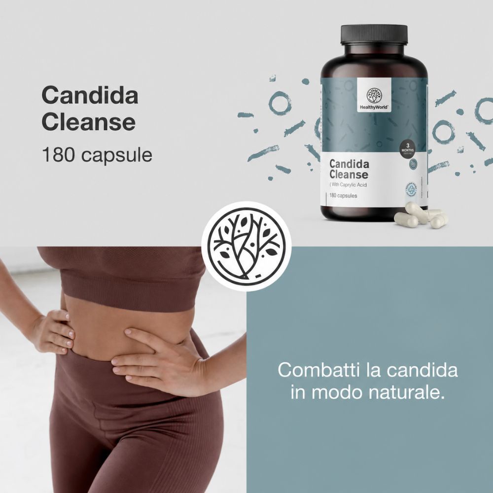 Donna che tiene un barattolo Candida Cleanse, con testo.