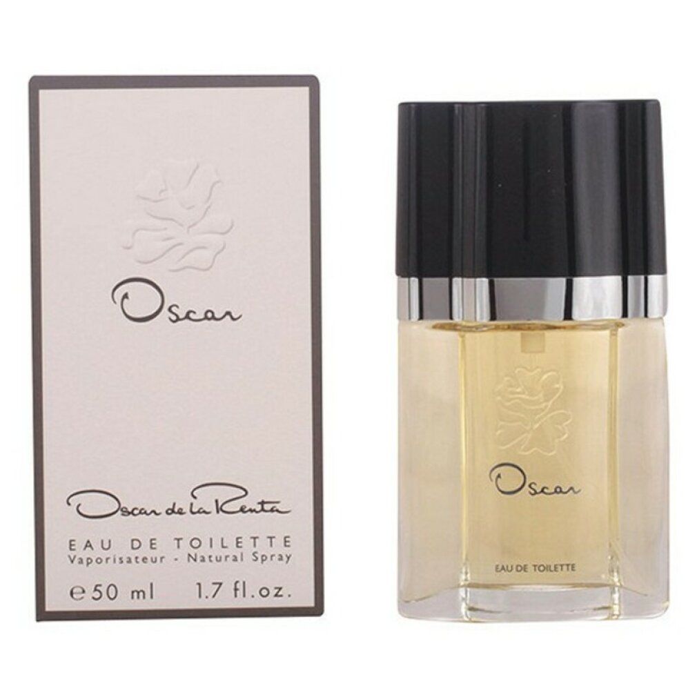 Flacone di profumo e confezione. Scritta "Oscar". Confezione con logo e testo. Flacone con tappo nero.