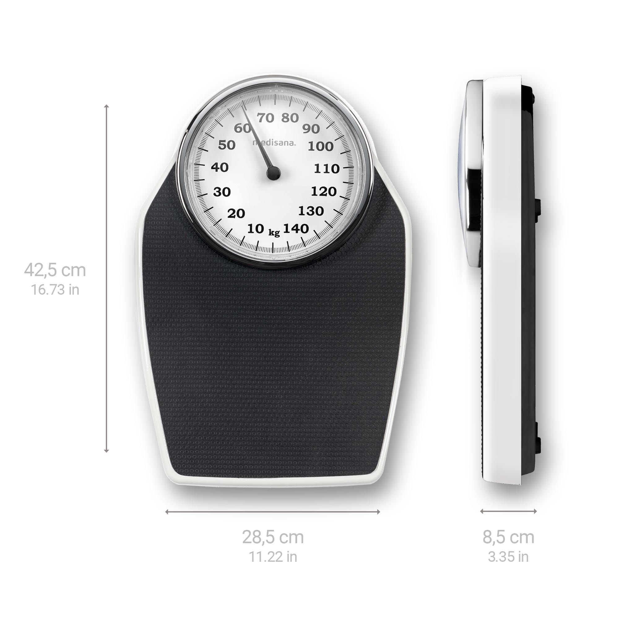Bilancia meccanica con display analogico. Dimensioni: 42,5 x 28,5 x 8,5 cm.
