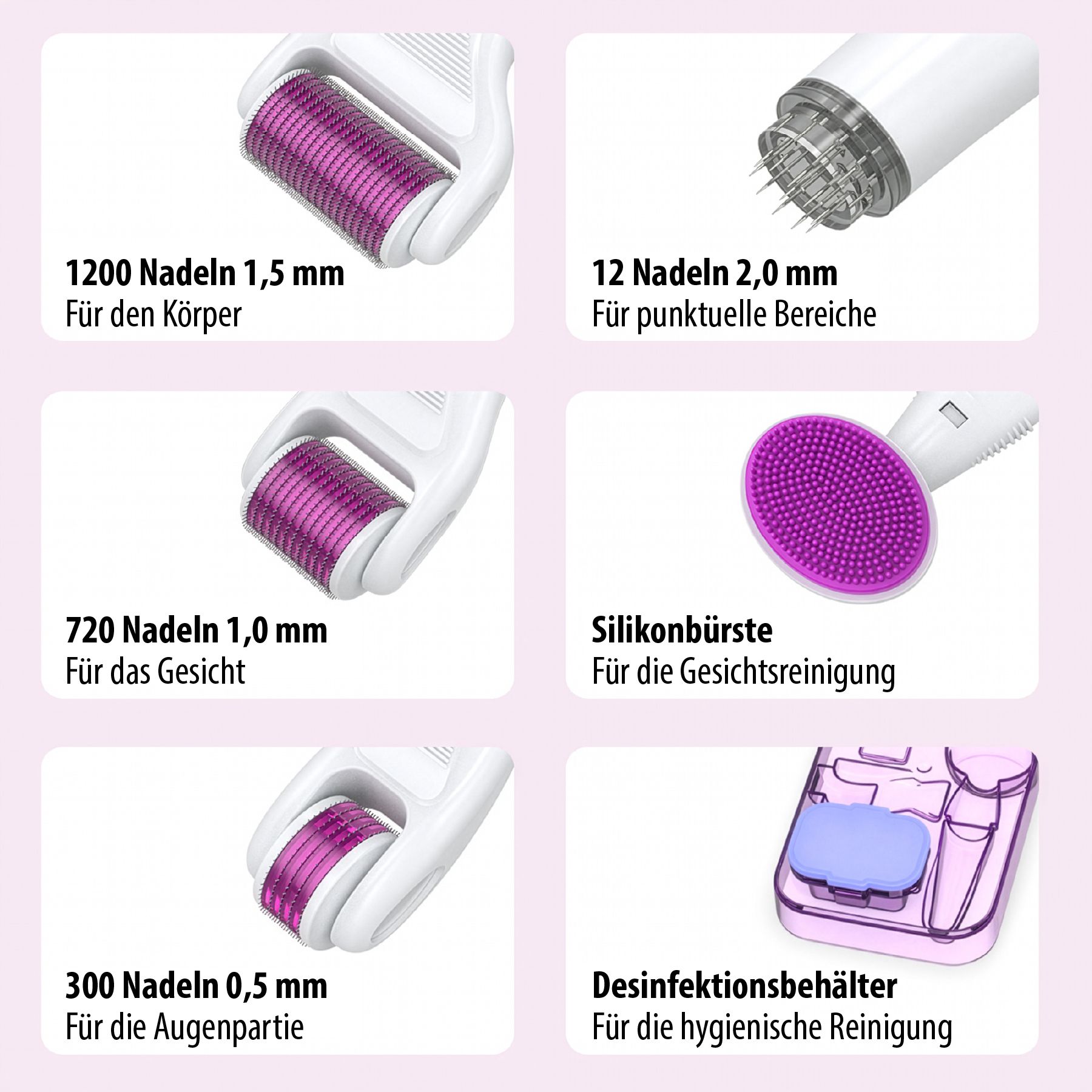 Diversi accessori per dermaroller con diversi numeri e lunghezze di aghi. Include anche una spazzola in silicone.