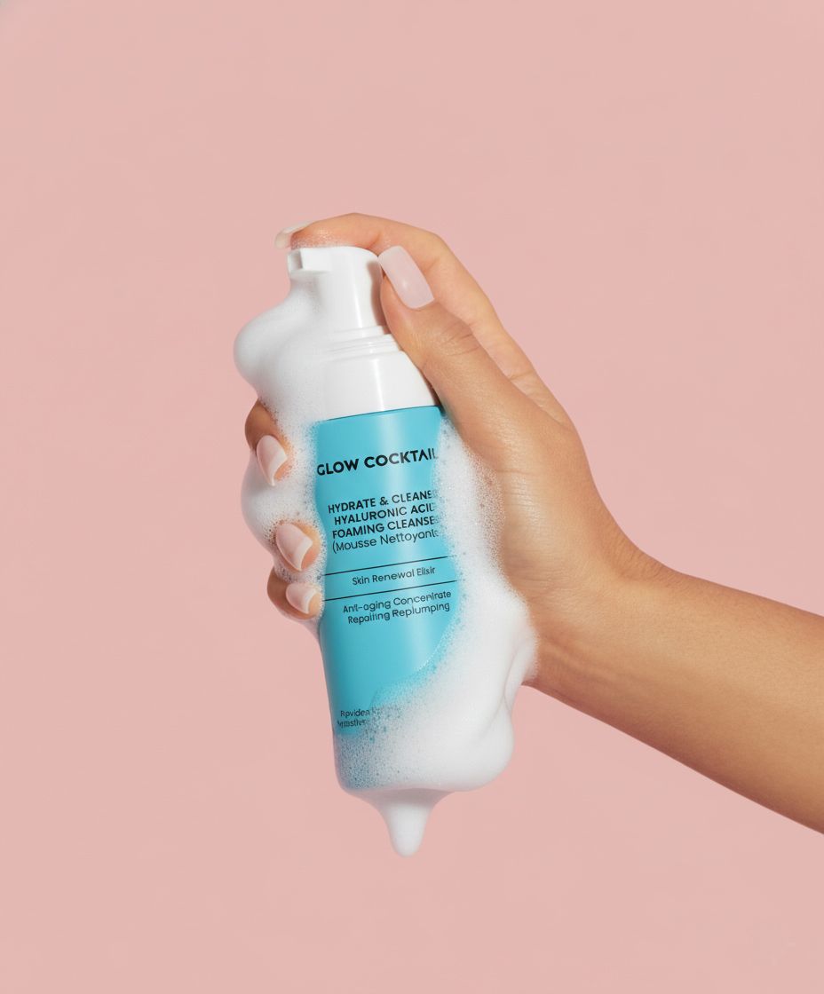 Mano che tiene un flacone con schiuma. Scritta: Glow Cocktail, Hydrate & Cleanse, Hyaluronic Acid, Foaming Cleanser. Sfondo rosa.