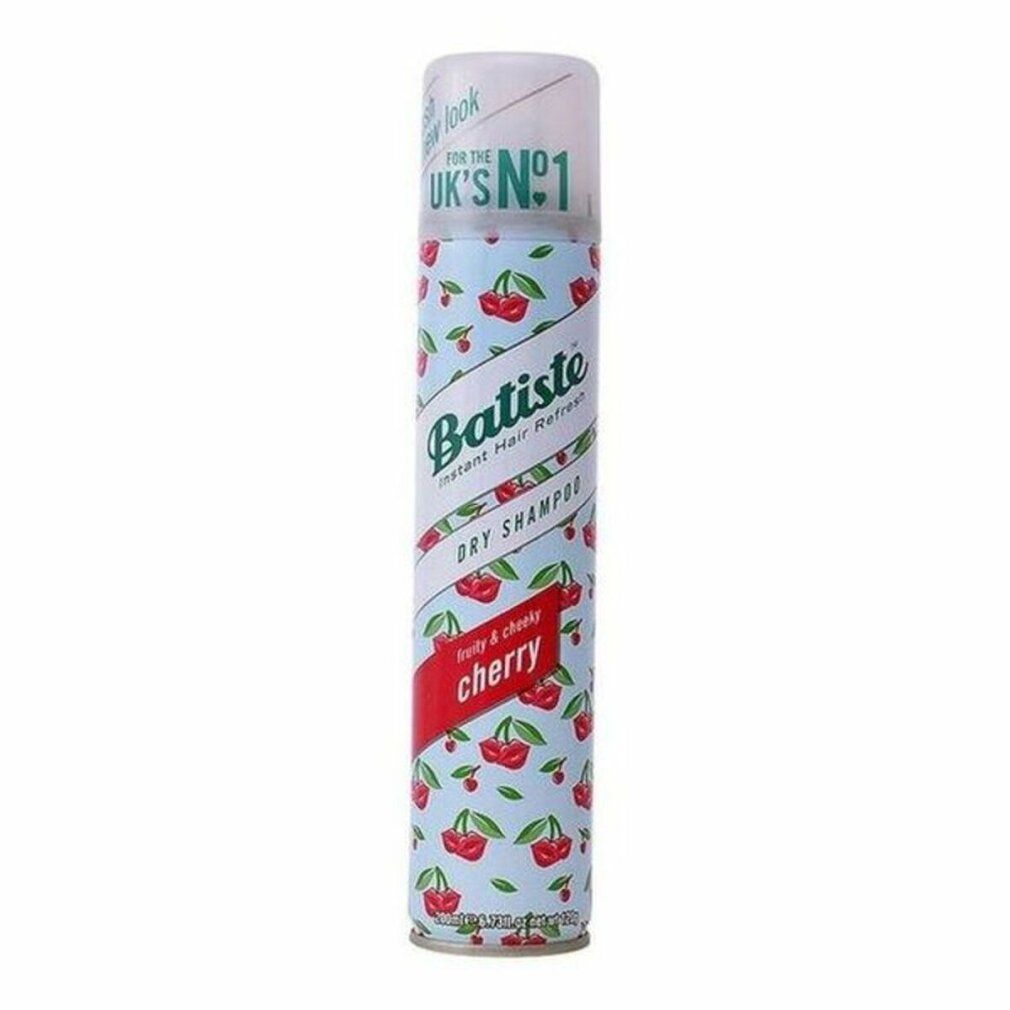 Flacone spray di shampoo secco Batiste Cherry. Motivo ciliegie. Scritta: Dry Shampoo, Cherry, n. 1 nel Regno Unito.