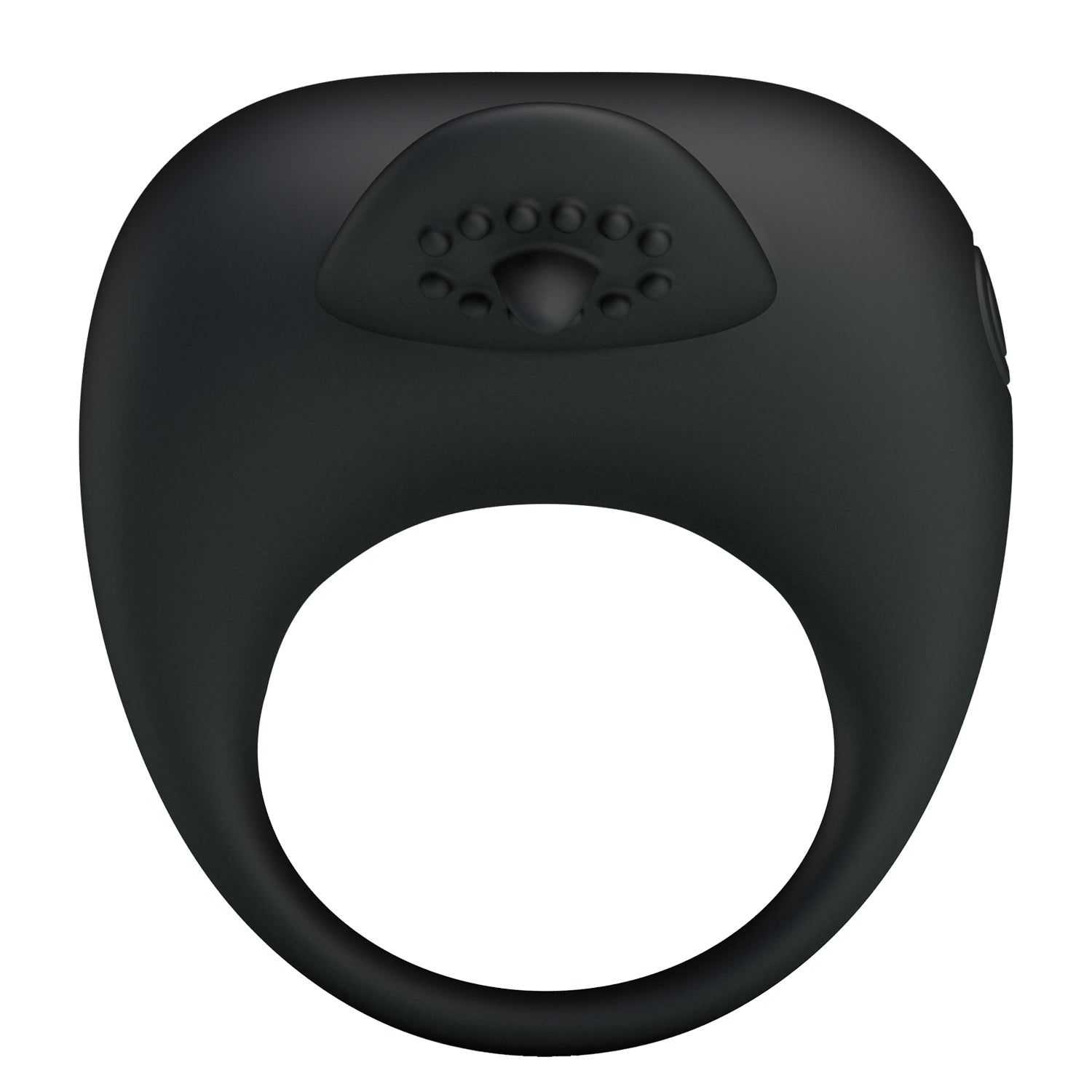 Anello nero con elemento rialzato e scanalato. Apertura anulare. Borchie sulla parte superiore.