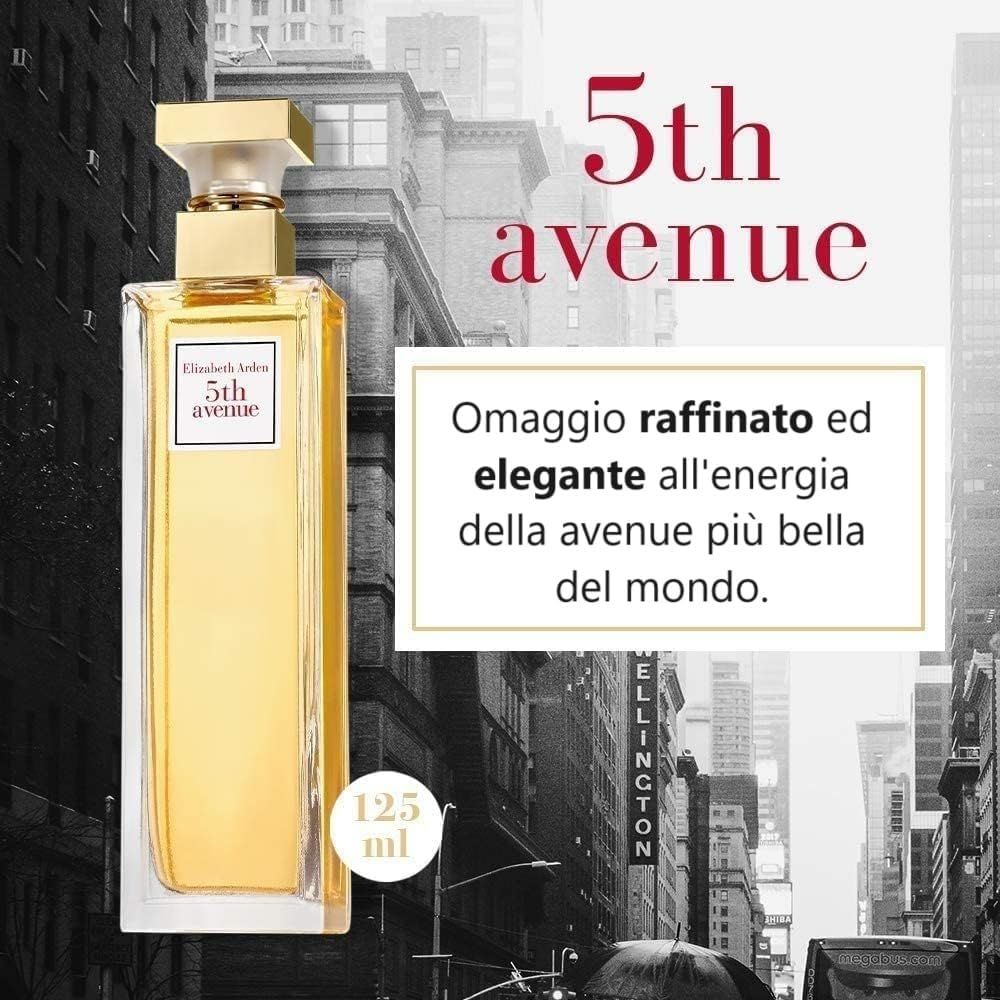 Flacone di profumo davanti a un paesaggio urbano. L'etichetta indica "5th avenue".