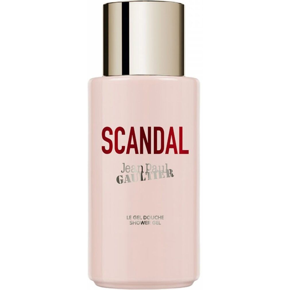 Flacone rosa con tappo argentato. Scritta "SCANDAL" e "Jean Paul Gaultier". "Le Gel Douche" sotto.