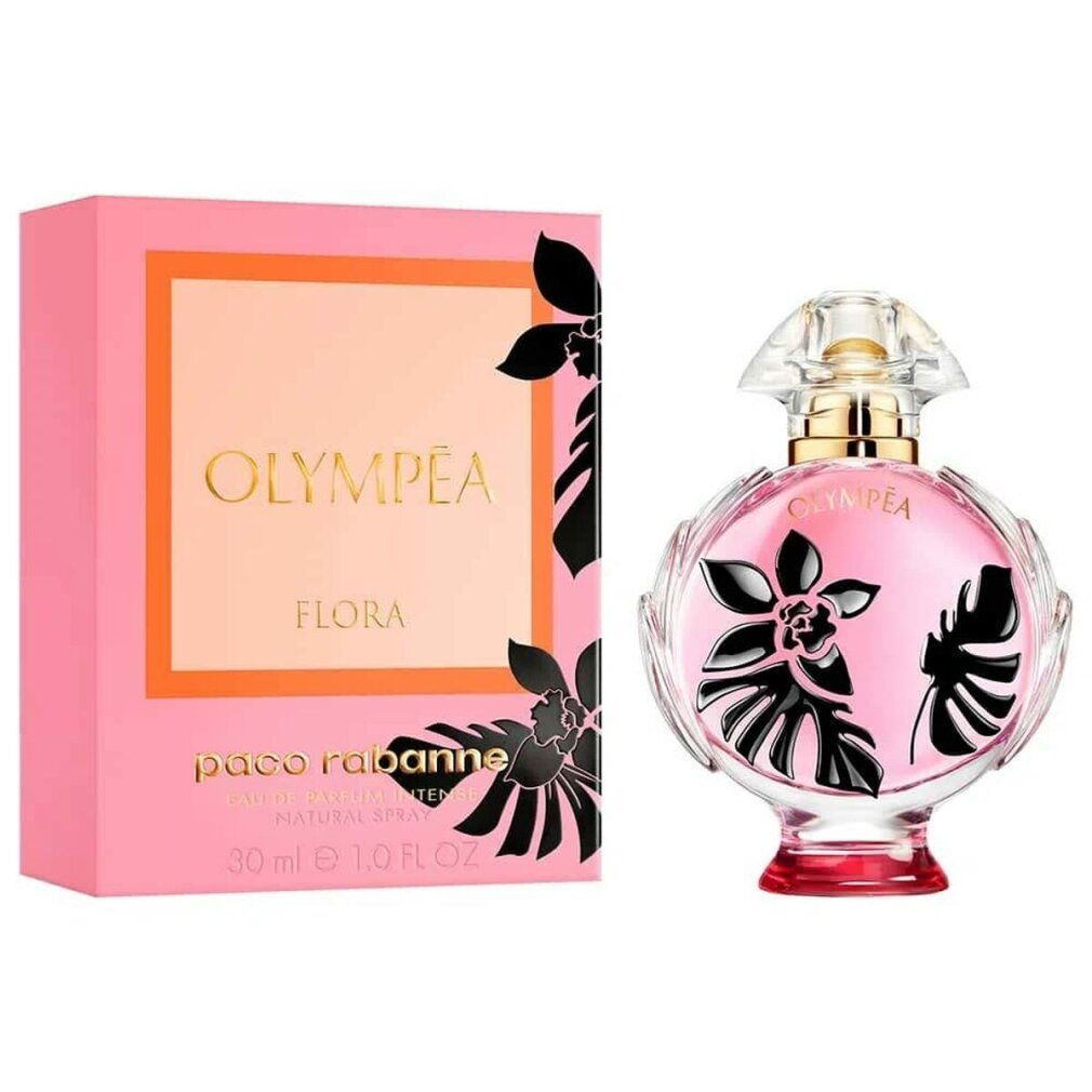 Flacone rosa e confezione. Motivi floreali neri. Scritta: Olympéa Flora. Scatola rosa e arancione.