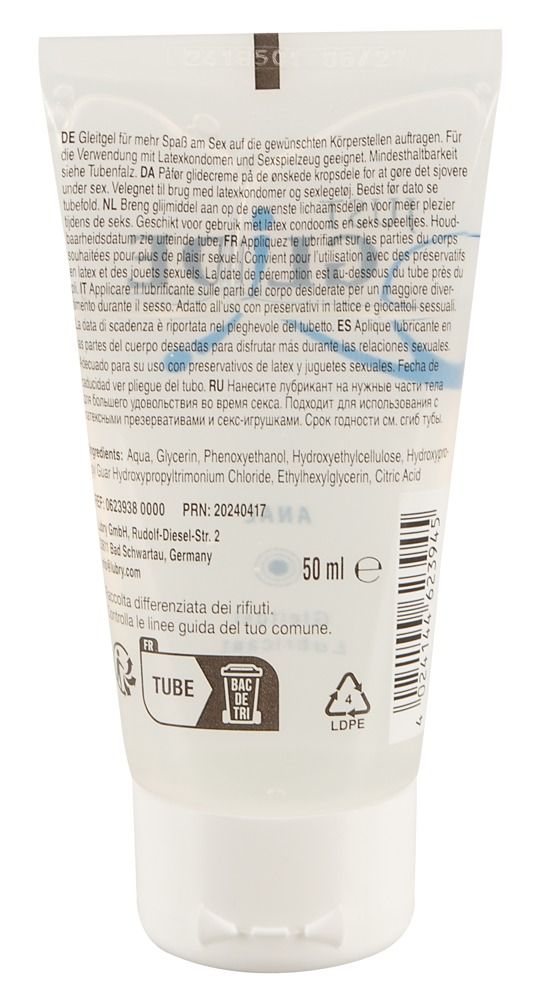 Fronte di un tubo di gel lubrificante con sigillo 'Original Dermatest molto buono'.