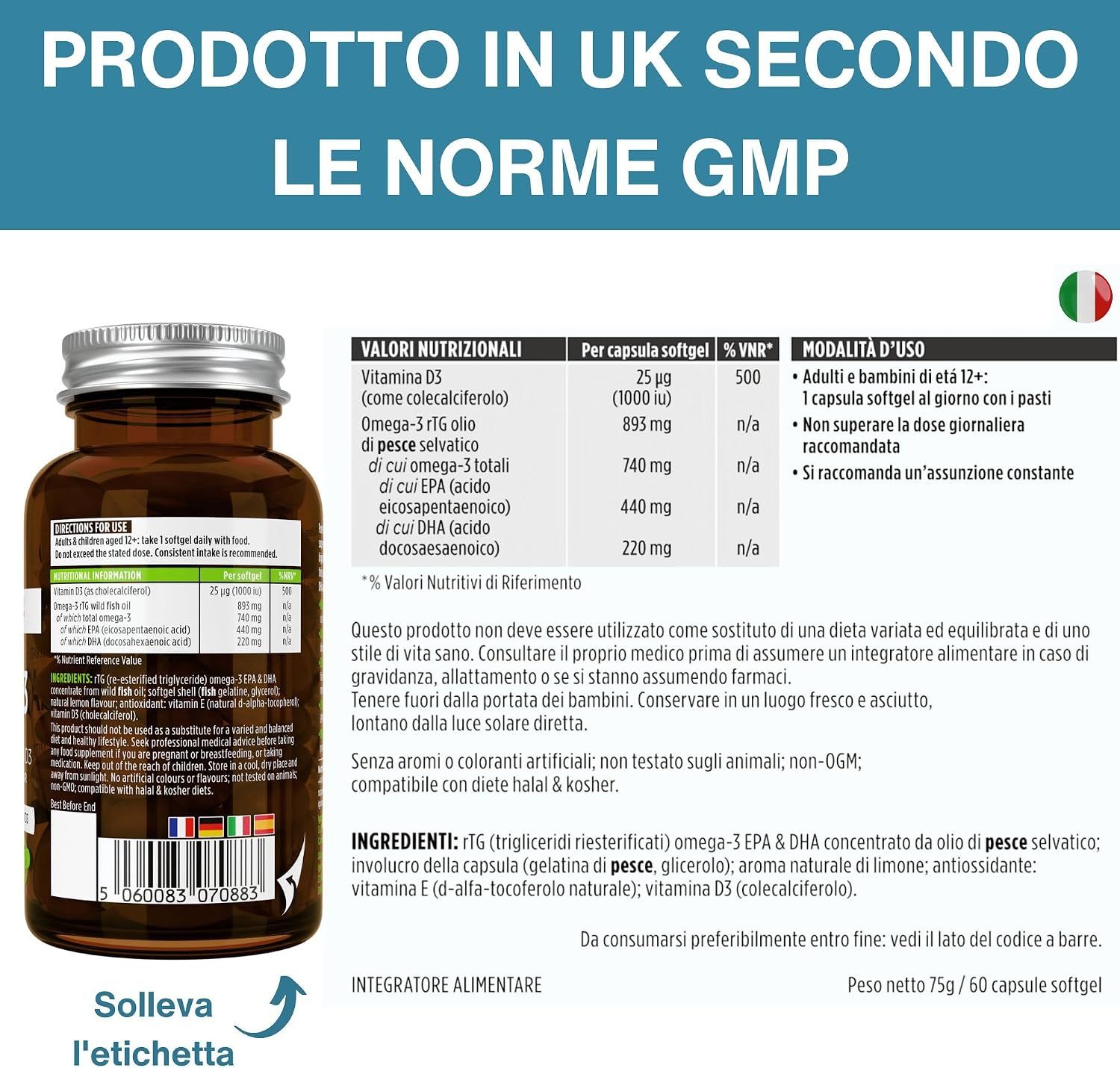 Bottiglia di Omega-3 con etichetta, con testo su ingredienti e benefici.