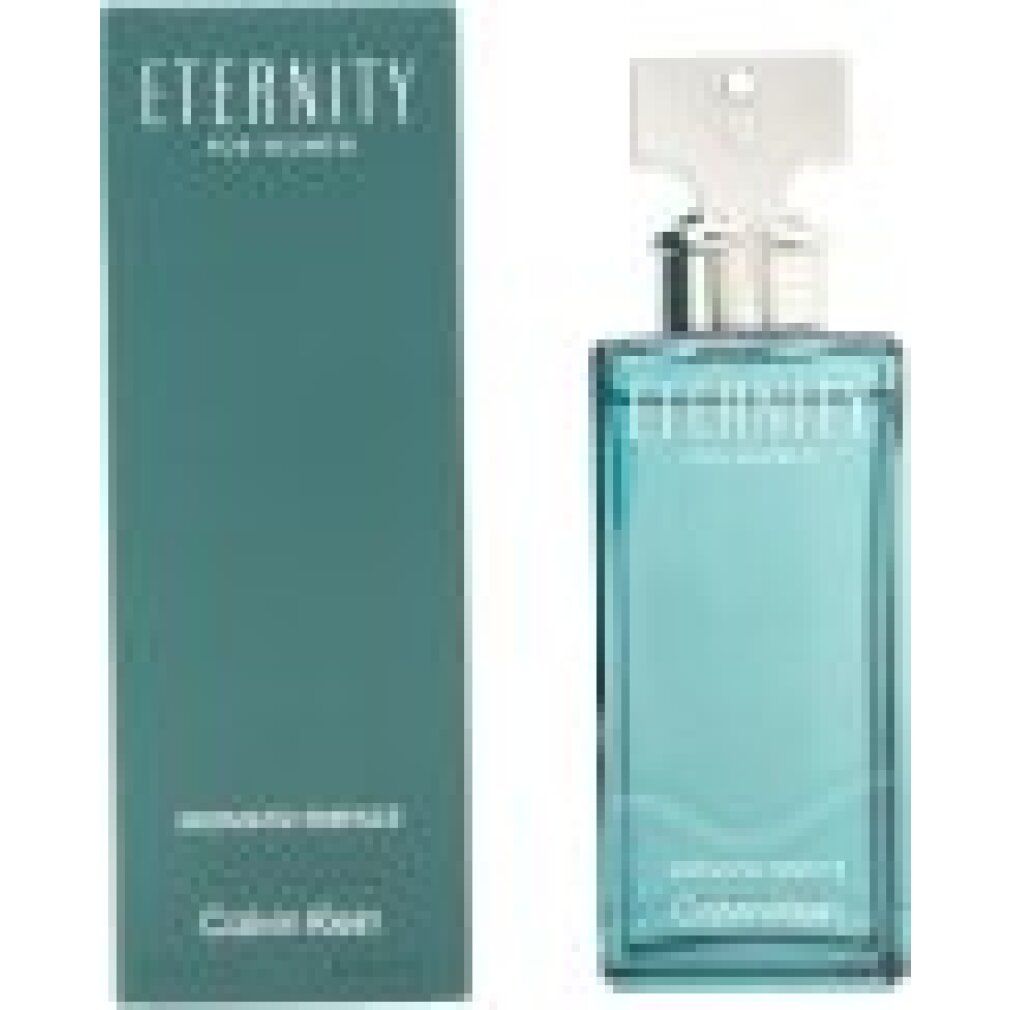 Flacone e scatola. Flacone rettangolare, blu-verde, tappo argentato. Scatola blu-verde, scritta Eternity, Calvin Klein.