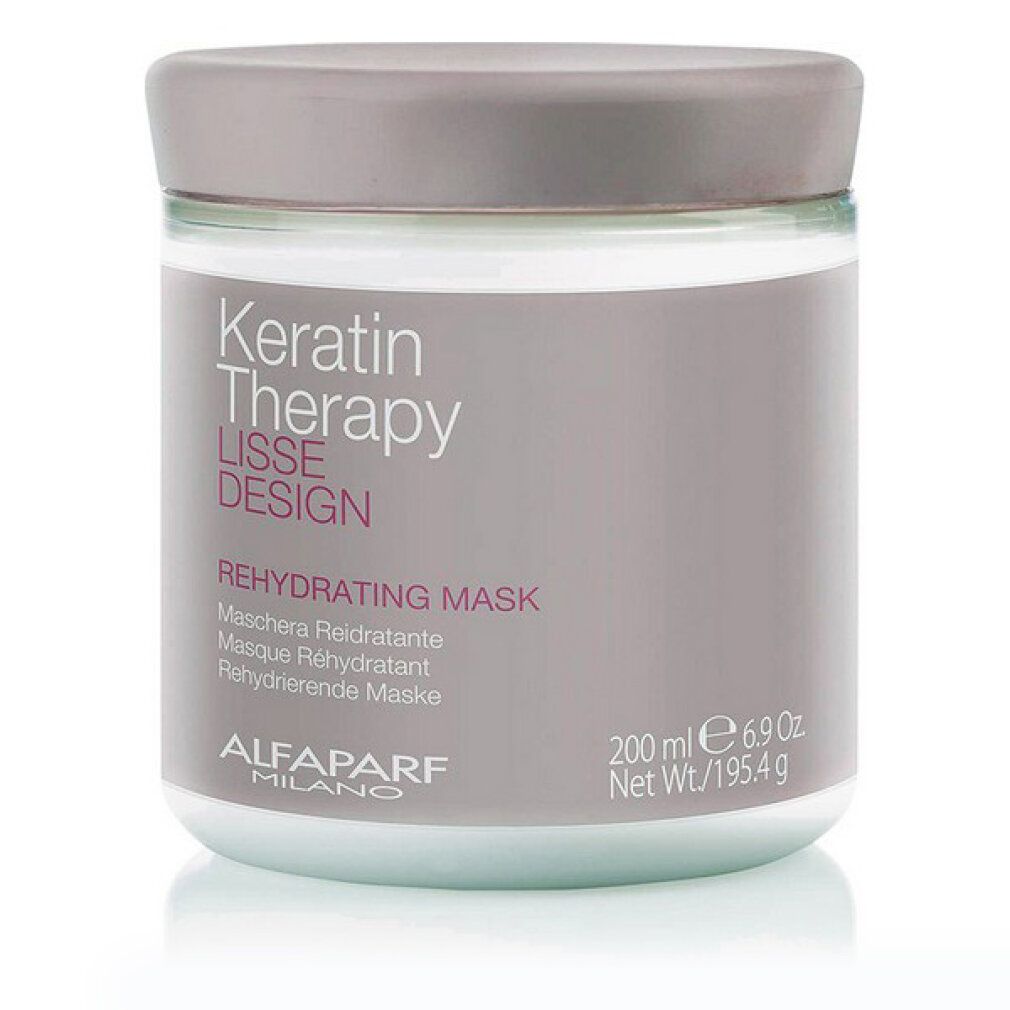 Barattolo rotondo con coperchio. Scritta: Keratin Therapy LISSE DESIGN REHYDRATING MASK. Marchio: Alfaparf Milano. Contenuto: 200 ml.